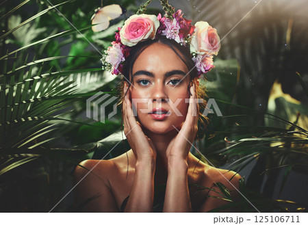 Beauty, jungle and flowers with portrait of woman for tropical or exotic skincare, makeup and cosmetics. Summer, spa and nature with model and crown of rose in forest for salon, plant and luxury Beauty, jungle and flowers with portrait of woman for tropical or exotic skincare, makeup and cosmetics. Summer, spa and nature with model and crown of rose in forest for salon, plant and luxury 125106711