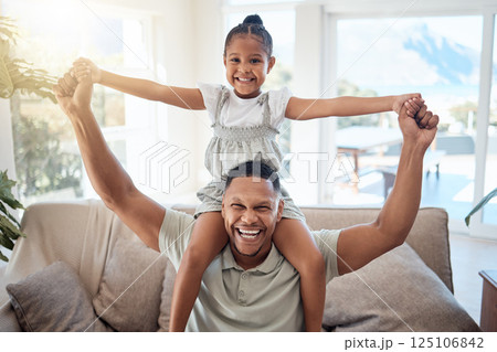 Happy, shoulders and father with girl on sofa for bonding, playing or support together. Airplane, smile and relax with portrait of dad and child in living room of family home for energy, care or time Happy, shoulders and father with girl on sofa for bonding, playing or support together. Airplane, smile and relax with portrait of dad and child in living room of family home for energy, care or time 125106842