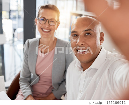 Selfie, office and business people for corporate social media networking, career profile update and website culture in workplace. Happy, professional and employees or manager team in company portrait 125106911