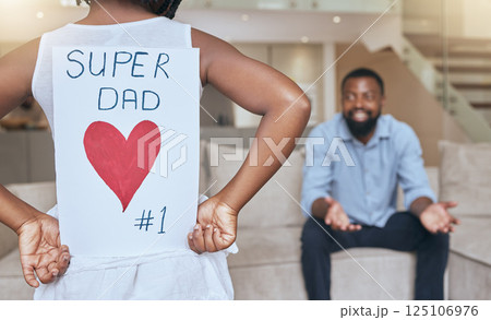 Fathers day, black man and girl with card for celebrating special event with father and daughter. Family, love and kid with dad to celebrate loving care with heart gift note at home for happy day 125106976