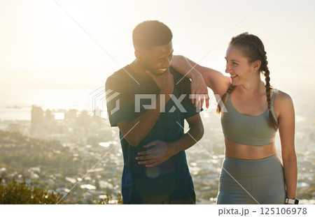 Fitness, happy and friends smile, exercise and relax after workout together with city background in Brazil. Couple, man and woman with happiness, cardio and training after outdoor run in urban town 125106978