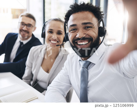 Selfie, business people or call center worker in diversity office collaboration, team building or teamwork contact us pov. Portrait, smile or happy customer support men or woman about us photography 125106999