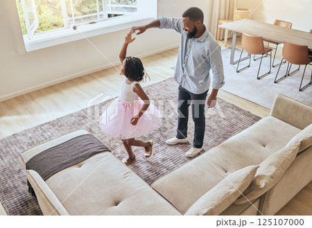 Man, father or girl ballet dancing in living room of house or happy family home in energy, ballerina tutu or dress in top view. Dad, child or dancer kid bonding in creative comic fun in South Africa 125107000