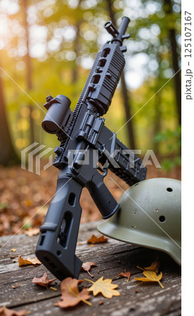 Assault rifle propped against green helmet on wooden table surrounded by fallen autumn leaves in forest. Sunlight and blurred background of trees create a warm atmosphere 125107167