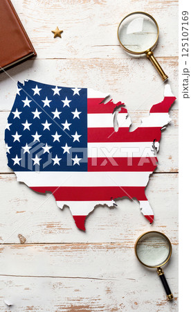 Silhouette of a country map with flag design. Two magnifying glasses and a star shape are on a rustic white wooden surface. A brown book is partially visible on the top left 125107169