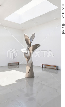 A sleek metallic sculpture with curved forms stands in a minimalist, white-walled gallery. Sunlight enters through a ceiling window, casting shadows on the smooth grey floor A sleek metallic sculpture with curved forms stands in a minimalist, white-walled gallery. Sunlight enters through a ceiling window, casting shadows on the smooth grey floor 125107204