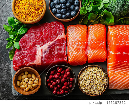 A vibrant assortment of fresh salmon, tuna, and vegetables surrounds a selection of fruits and grains on a wooden board. 125107252