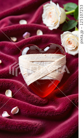 Heart-shaped object with bandage on burgundy fur fabric near two light-colored roses and scattered petals creates a dramatic and romantic composition 125107253