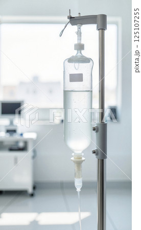 Intravenous fluid bag hanging from a metal stand in a bright, modern medical setting. The background features blurred medical equipment and a large window. Text on bag visible 125107255