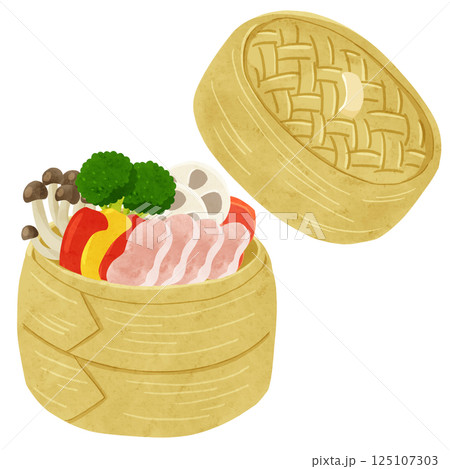 豚肉と野菜とせいろ　蓋つき　水彩風手描きイラスト 125107303