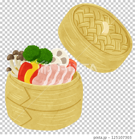 豚肉と野菜とせいろ　蓋つき　水彩風手描きイラスト 125107303