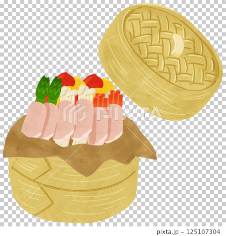 豬肉包蔬菜和有蓋蒸籠,水彩風格手繪插畫 豬肉包蔬菜和有蓋蒸籠,水彩風格手繪插畫 125107304