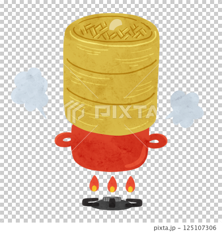 帶蓋加熱的鍋子和蒸籠,水彩風格的手繪插圖 帶蓋加熱的鍋子和蒸籠,水彩風格的手繪插圖 125107306