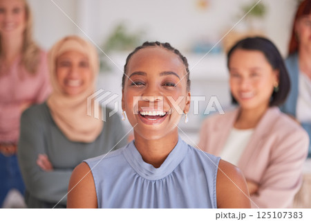 Leadership, partnership and diversity in office by business women team working in collaboration for startup goal. Portrait, leader and teamwork by group with vision for success, mission and support 125107383