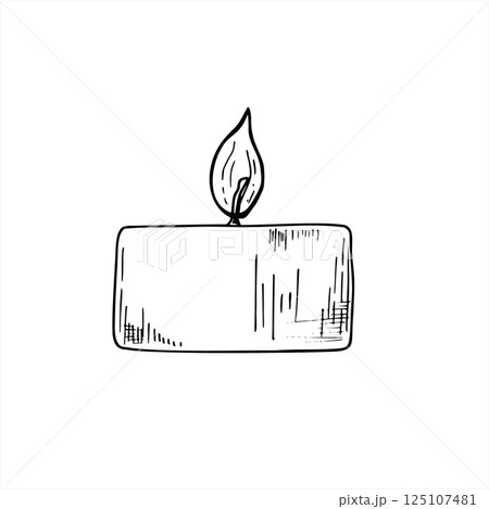 Hand drawn vector monochrome classic pillar candle with burning flame line art illustration in minimalist style. Holiday element of cylindrical shape for wellness product, spiritual journal 125107481