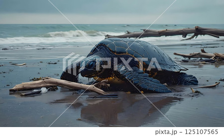 The exhausted turtle struggles against the sticky mess, its body weighed down by the viscous substance. The exhausted turtle struggles against the sticky mess, its body weighed down by the viscous substance. 125107565