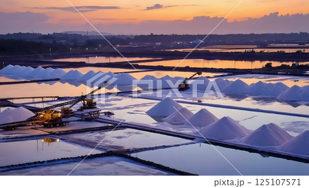 Industrial machines processing sea salt at a salt plant, with equipment and large piles of harvested salt. Industrial machines processing sea salt at a salt plant, with equipment and large piles of harvested salt. 125107571