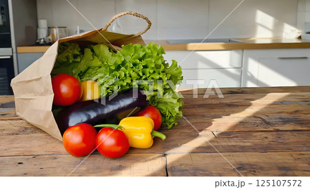 A rustic craft bag filled with fresh vegetables lies on a dark wooden background, symbolizing healthy, farm-to-table eating. A rustic craft bag filled with fresh vegetables lies on a dark wooden background, symbolizing healthy, farm-to-table eating. 125107572