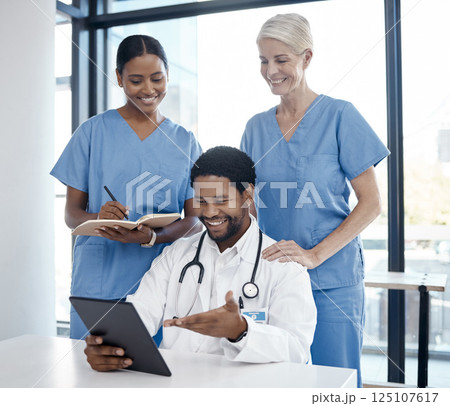 People in hospital, medical team meeting doctor or digital innovation in healthcare with professional advice. Black man in expert career, results of experiment test or nurse group research medicine People in hospital, medical team meeting doctor or digital innovation in healthcare with professional advice. Black man in expert career, results of experiment test or nurse group research medicine 125107617