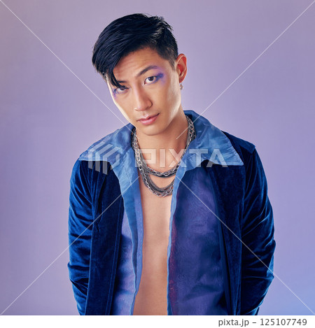 Cyberpunk, makeup and Asian man with fashion for rock, metal identity and futuristic clothes. Freedom, cosmetics and portrait of a young creative rock model with luxury clothing and funky, cool style 125107749