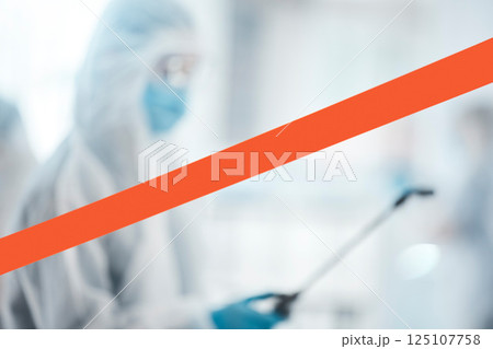 Warning tape, covid disinfection and safety, cleaning service and healthcare compliance in medical room, hospital or laboratory to stop bacteria. Caution ribbon, corona virus risk and chemical spray 125107758