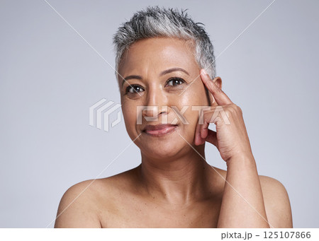 Portrait, natural skincare and senior woman smile on grey studio background and advertising spa treatment. Skin healthcare of elderly lady, happy face and smile with wellness and luxury beauty 125107866