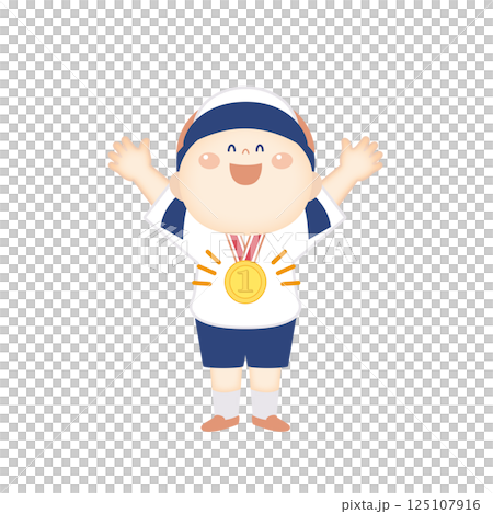 Illustration of a girl in gym clothes rejoicing after winning a gold medal - full body Illustration of a girl in gym clothes rejoicing after winning a gold medal - full body 125107916