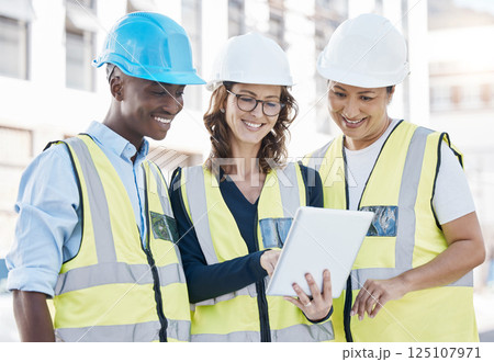 Architect, team and tablet in city construction for building inspection, collaboration or idea for architecture. Engineering people working on touchscreen with smile in teamwork design or site plan Architect, team and tablet in city construction for building inspection, collaboration or idea for architecture. Engineering people working on touchscreen with smile in teamwork design or site plan 125107971
