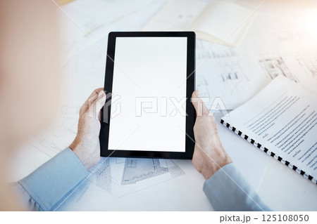 Architecture, tablet mockup in hands of architect, business and blueprint plan with construction paperwork and technology. Digital, connection and building document with planning and engineering. 125108050