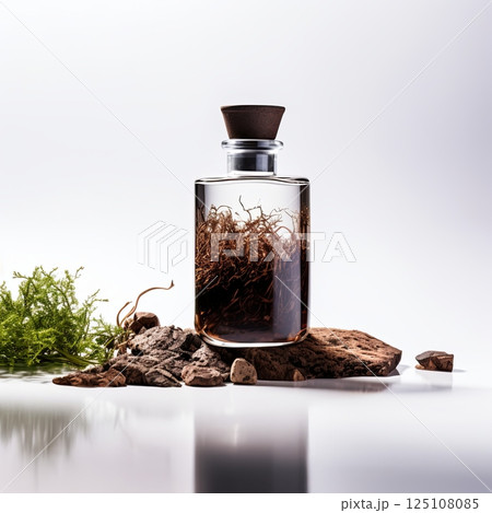 Clear glass bottle with a wooden lid filled with a dark liquid and plant roots on a stone. 125108085