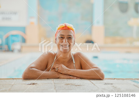 Swimming, physiotherapy and fitness with a mature woman patient in a pool for rehabilitation. Water, exercise and recovery with a senior female in a swimming pool for water training or wellness 125108146