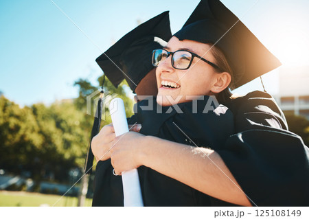 Graduation, hug and students with diploma from college for success, celebration and support in education. Certificate, happy and friends hugging after achievement at graduate event at a university 125108149