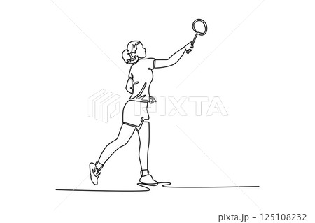 Single continuous line drawing female badminton player get ready to receive shuttlecock from opponent. Athlete playing defense with backhand technique. One line draw graphic design vector illustration Single continuous line drawing female badminton player get ready to receive shuttlecock from opponent. Athlete playing defense with backhand technique. One line draw graphic design vector illustration 125108232