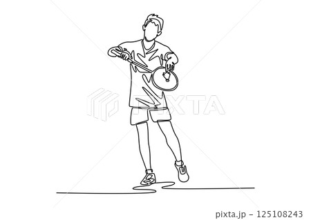 Continuous one line drawing professional badminton player in uniform stands holding racket and shuttlecock ready to serve. Sport activity on indoor court. Single line draw design vector illustration 125108243
