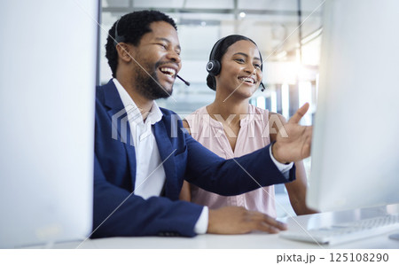 Man, black woman or computer training in call center office, crm consulting startup or b2b telemarketing sales company. Smile, happy or learning intern on consultant tech with contact us mentor help 125108290