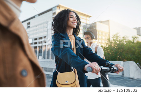 Scooter, university and student friends or people with social, transportation and travel together for gen z, college and youth. Happy black woman on electric scooter at campus or in urban city street 125108332