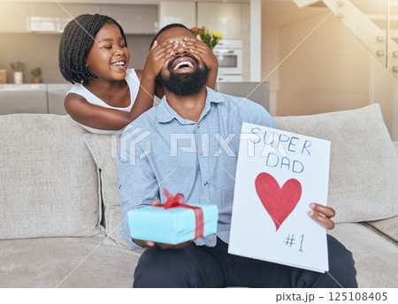 Fathers day, child and surprise dad with card and gift for love, care and affection at home. Little girl, celebrating and present or note for parent dad with loving announcement to celebrate Fathers day, child and surprise dad with card and gift for love, care and affection at home. Little girl, celebrating and present or note for parent dad with loving announcement to celebrate 125108405