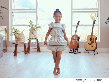 Girl, dance and ballet in home portrait for training, lesson or class in music room for happy curtsy, female child or dancer in art, dancing or happiness for creative kid in house with smile on face 125108407