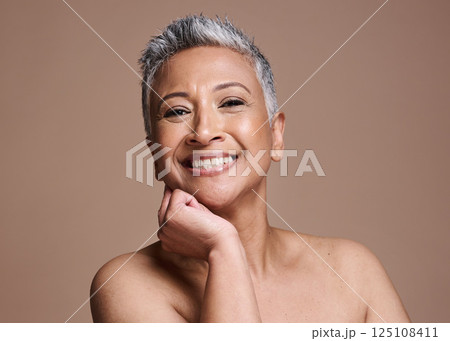 Senior woman, smile and happy with skincare, pride and cosmetics for joy, bare or with studio background. Portrait, elderly female or mature lady with natural beauty, wellness or makeup for glow skin Senior woman, smile and happy with skincare, pride and cosmetics for joy, bare or with studio background. Portrait, elderly female or mature lady with natural beauty, wellness or makeup for glow skin 125108411