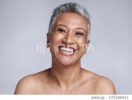 Beauty, skincare and portrait of senior woman in studio for healthy glow, natural cosmetics and wellness mock up marketing. Big smile, happy face and elderly or old woman model for dermatology Beauty, skincare and portrait of senior woman in studio for healthy glow, natural cosmetics and wellness mock up marketing. Big smile, happy face and elderly or old woman model for dermatology 125108421