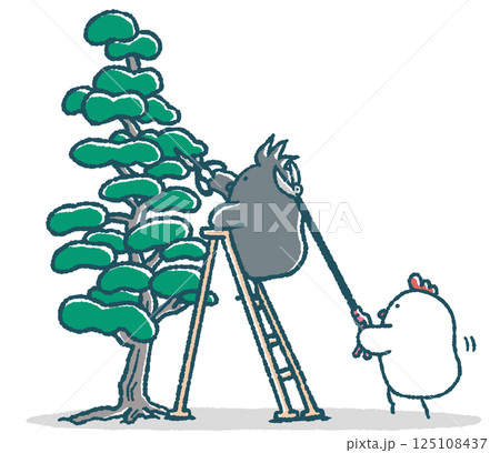 ゆるいにわとりは高枝切りばさみでカラスは木に登って剪定する ゆるいにわとりは高枝切りばさみでカラスは木に登って剪定する 125108437