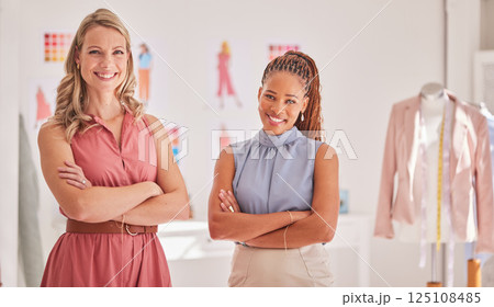 Fashion, designer and portrait of business women in studio workshop for creative, partnership and vision. Tailor, teamwork and luxury with employee of small business for boutique, retail and shopping 125108485