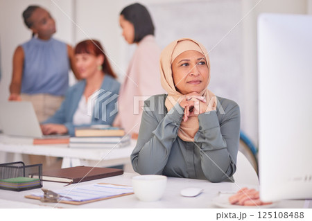 Thinking, muslim and business woman on computer, planning, question and strategy ideas, mindset and opportunity at office desk. Mature manager, hijab and focus, vision and decision, solution or goals Thinking, muslim and business woman on computer, planning, question and strategy ideas, mindset and opportunity at office desk. Mature manager, hijab and focus, vision and decision, solution or goals 125108488