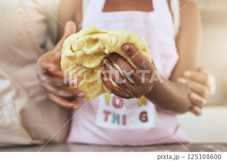 Child, hands and dough with mother in kitchen for learning, cooking or baking in home together. Closeup, cooking and girl with mom, baker and teaching preparation of cake, cookie or biscuit in house Child, hands and dough with mother in kitchen for learning, cooking or baking in home together. Closeup, cooking and girl with mom, baker and teaching preparation of cake, cookie or biscuit in house 125108600