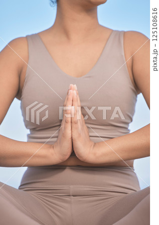 Zen meditation, hands and woman pray for spiritual mindset health or yoga worship prayer in nature. Mindfulness, balance and mediate for healthy faith lifestyle, calm and relax workout outside Zen meditation, hands and woman pray for spiritual mindset health or yoga worship prayer in nature. Mindfulness, balance and mediate for healthy faith lifestyle, calm and relax workout outside 125108616