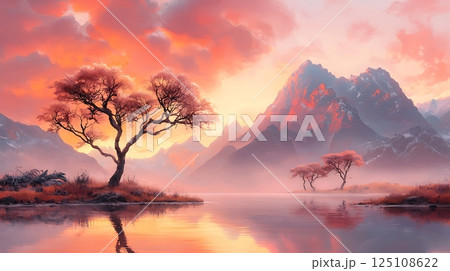 sunset over lake 125108622