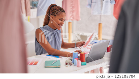 Black woman, fashion and design on laptop for marketing, advertising or social media at the office. Creative African American female employee designer working on computer for clothing inspiration Black woman, fashion and design on laptop for marketing, advertising or social media at the office. Creative African American female employee designer working on computer for clothing inspiration 125108704
