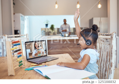 Homeschool, laptop and teacher with kid, for education and teaching in home. Virtual class, educator and female pupil raise hand with digital device, for lesson and elearning subjects in living room. Homeschool, laptop and teacher with kid, for education and teaching in home. Virtual class, educator and female pupil raise hand with digital device, for lesson and elearning subjects in living room. 125108832