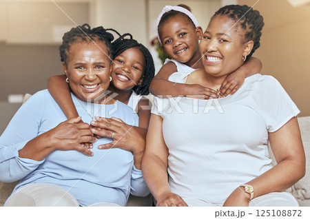 Portrait of black family, mom and children smile with grandma on sofa of modern African living room with love, happiness and bonding together. Quality time, big family hug and people on home vacation 125108872