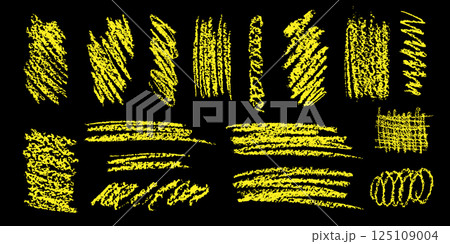 An array of Various Yellow Sketch Brushes displayed against a contrasting Black Background 125109004